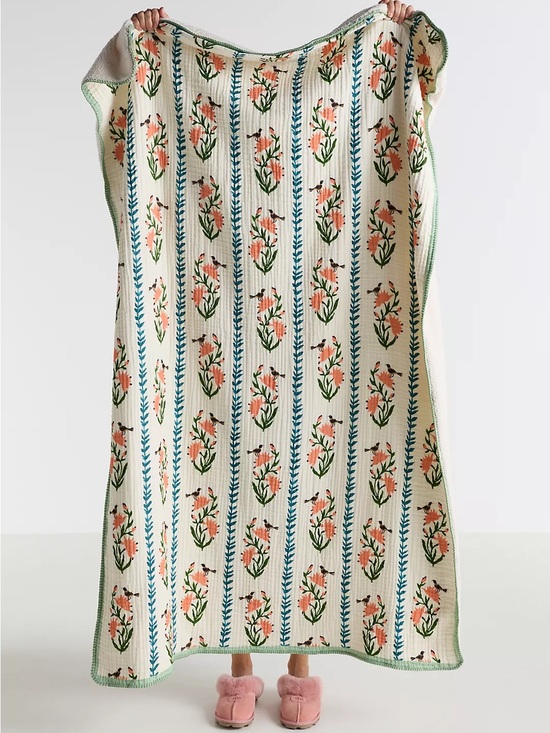 Anthropologie Other - Anthropologie Gauze Cotton Sherpa Floral Printed Throw Blanket